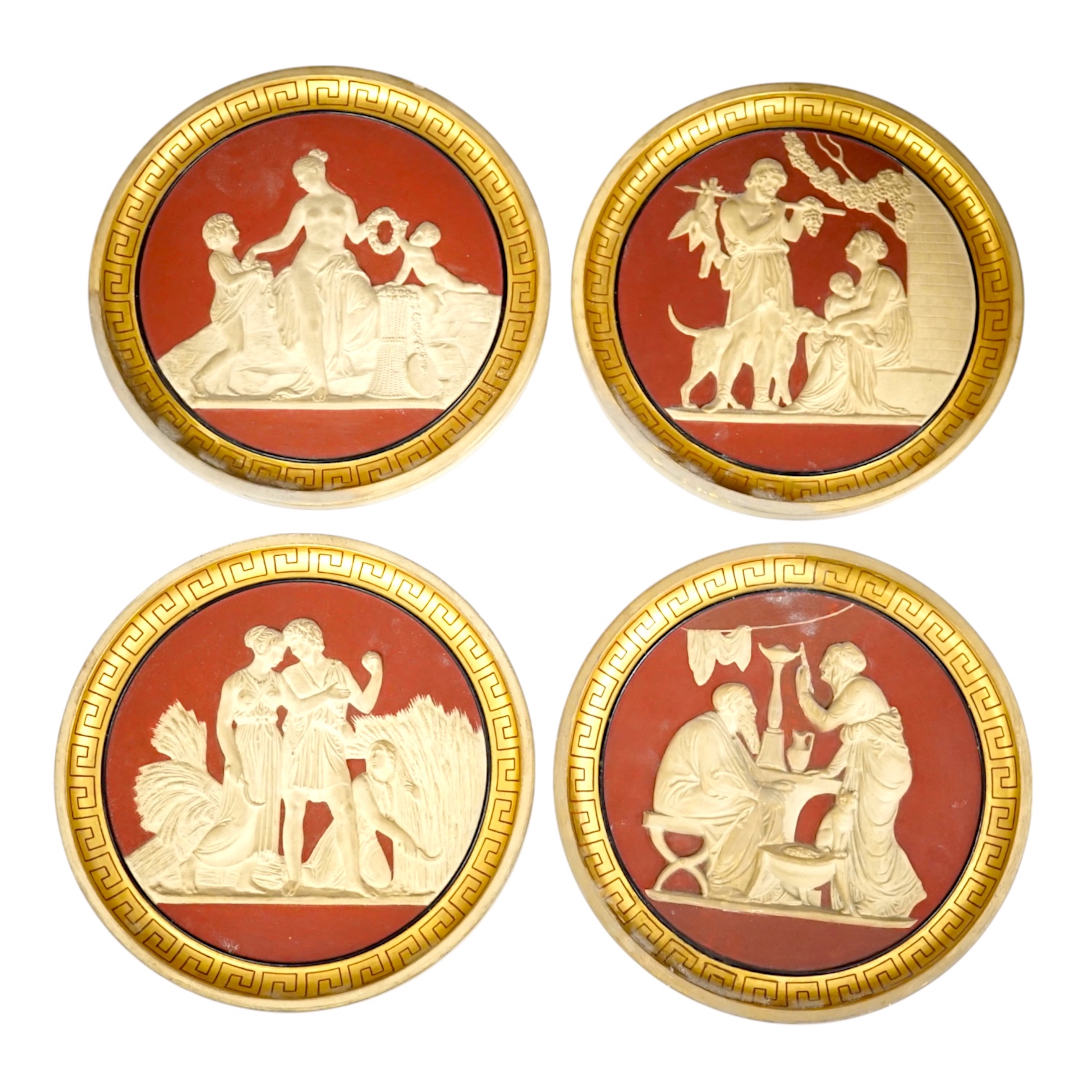 A set of four Neoclassical style terracotta plaques, P. Ipsen, ‘The Four Seasons’, by Bertel Thorvaldsen, each stamped to the base, 17cm in diameter. Condition - some restoration